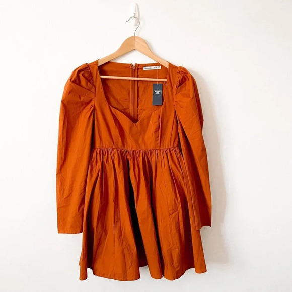 Abercrombie & Fitch Poplin Babydoll Long Sleeve Dress Burnt Orange Small Petite - Picture 4 of 8